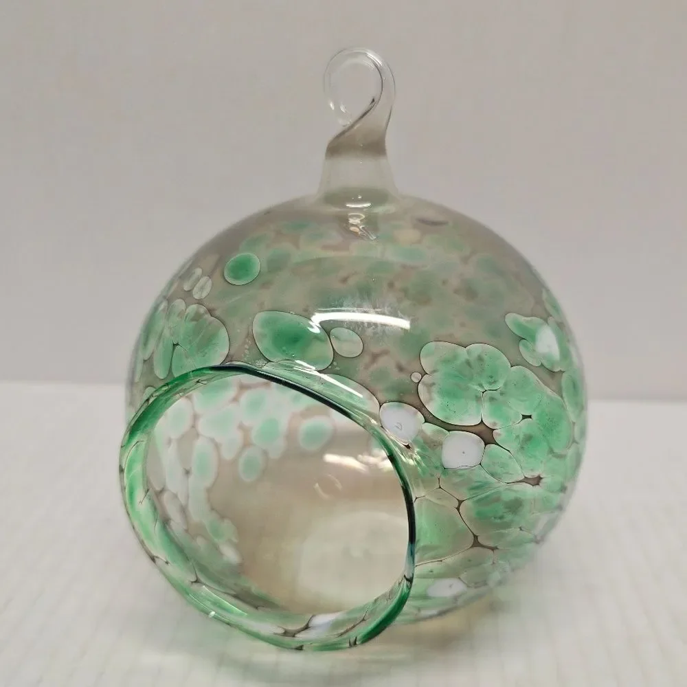 Hand-blown Fused Glass Tea Light Hanging Candle Holder Green/White